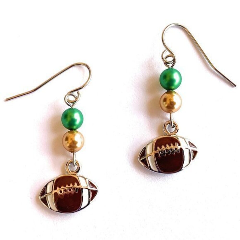 Football Dangle Earrings Green Gold Womens Girls Sports Jewelry Gifts Handmade